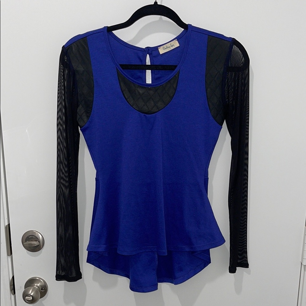 Blue leather black and sheer long sleeve top size small